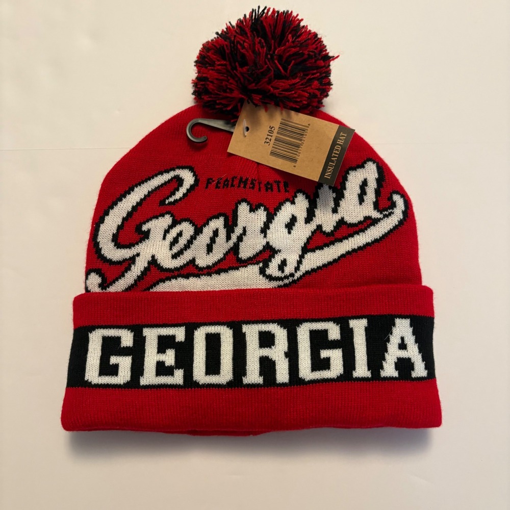 Peach State Georgia Bulldogs Beanie Hat Unisex Red Black Pom Faux Fur Lined Warm